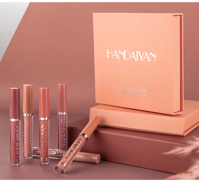 HANDAIYAN 6-Piece Liquid Velvet Matte Lip Gloss Set – Long Lasting Red & Nude Lipsticks for Women