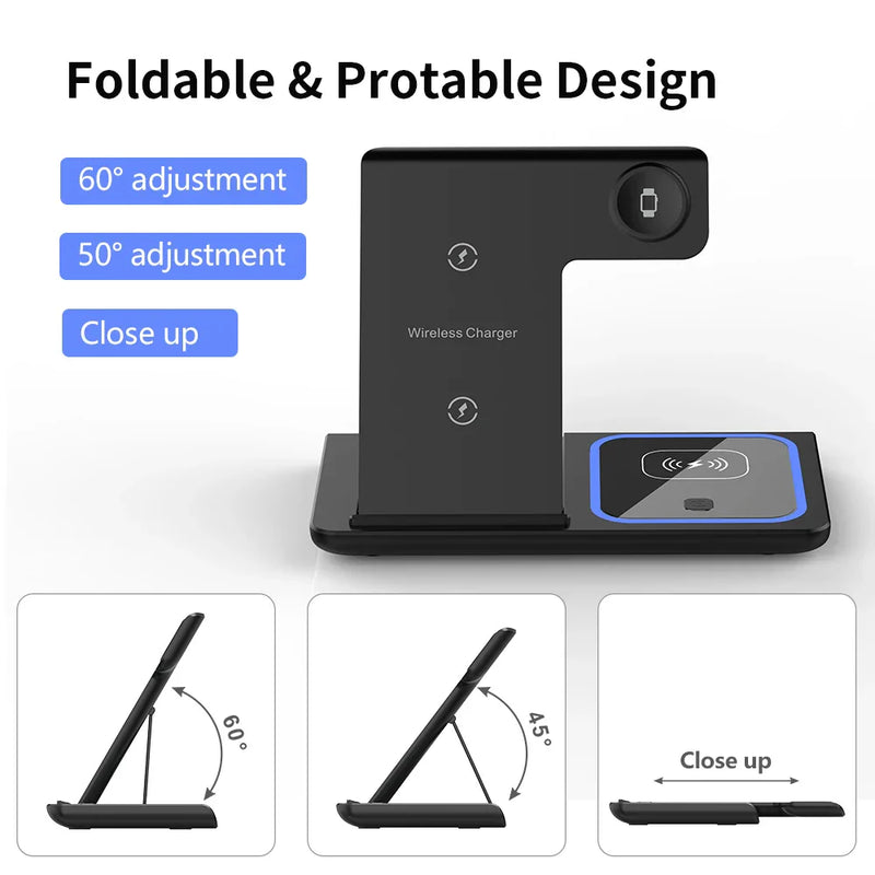 30W LED Fast Wireless Charger Stand – 3-in-1 Foldable Charging Station for iPhone, Apple Watch & AirPods