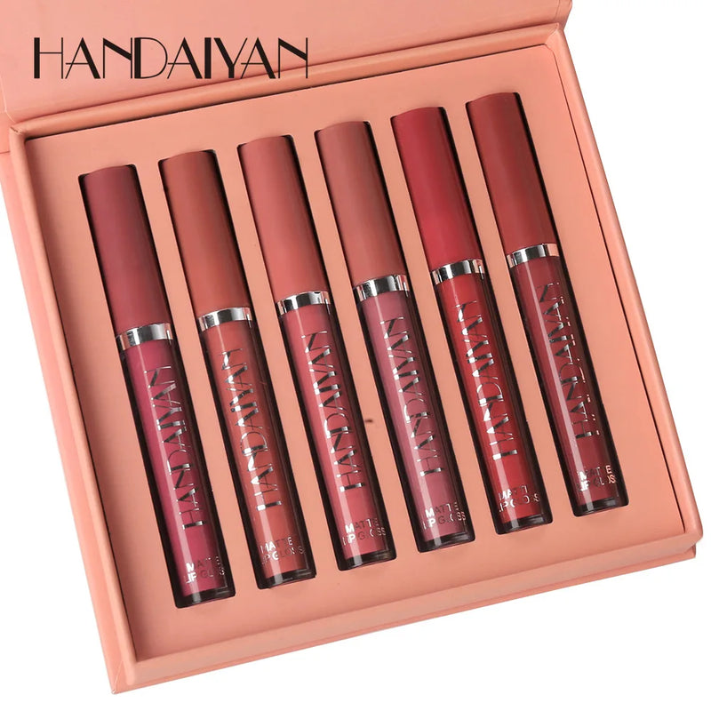 HANDAIYAN 6-Piece Liquid Velvet Matte Lip Gloss Set – Long Lasting Red & Nude Lipsticks for Women