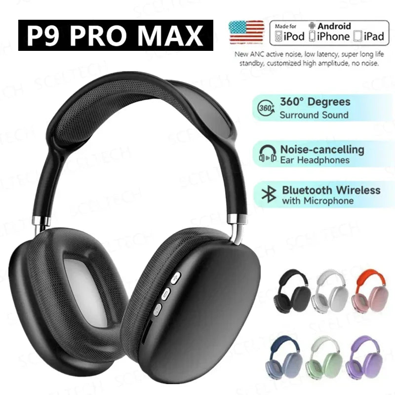 NEW P9 Pro Max Air Wireless Bluetooth Headphones – Noise Cancelling, Over-Ear Sports Gaming Headset with Mic for Apple