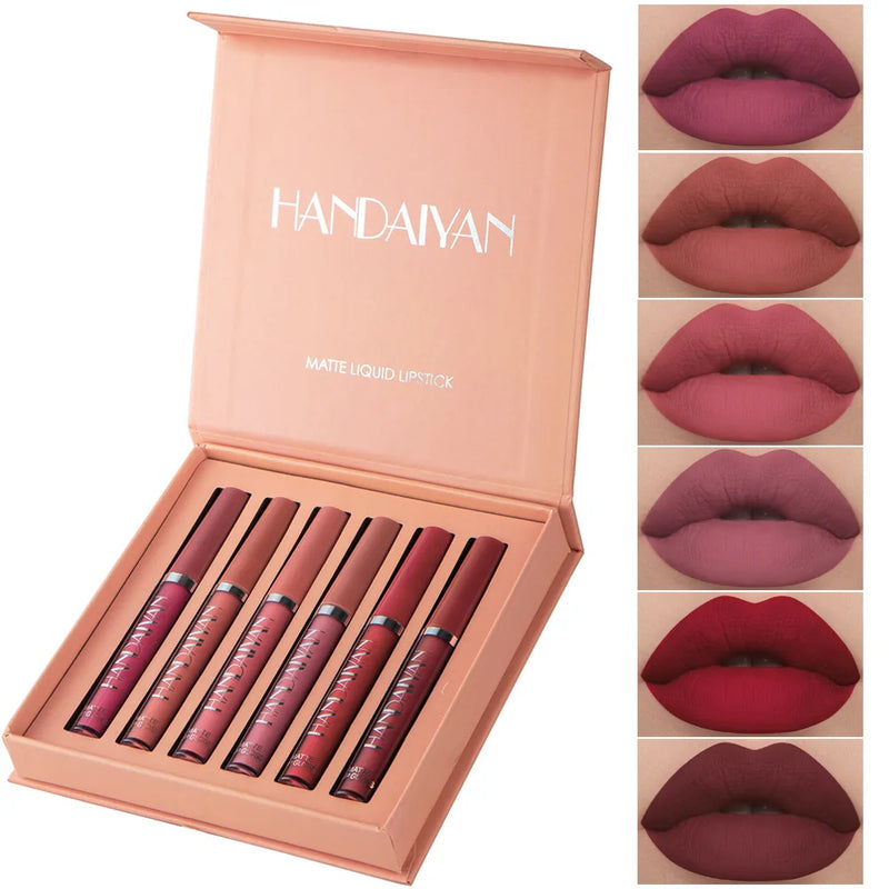 HANDAIYAN 6-Piece Liquid Velvet Matte Lip Gloss Set – Long Lasting Red & Nude Lipsticks for Women